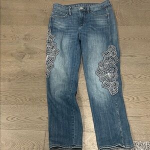White House Black Market High Rise Embroidered Straight Leg Jeans Size 0